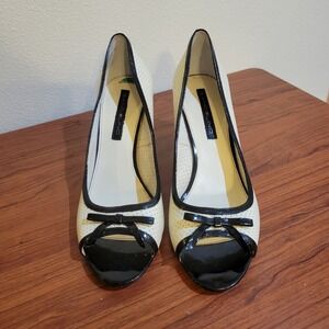 Bandolino Womens Kamant Peep Toe Pumps Leather Bow Heels Cream Black 8M